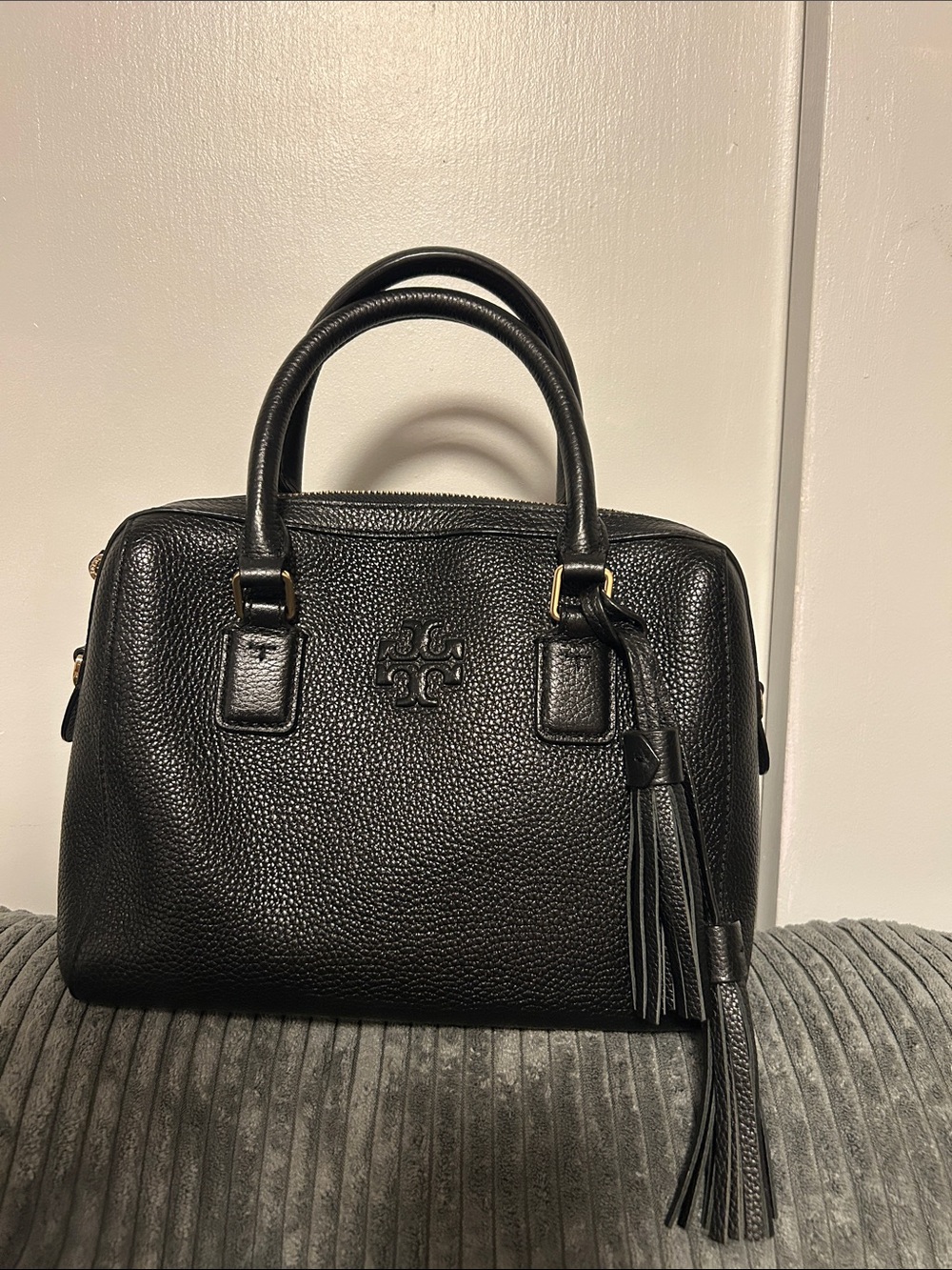 Tory Burch Black Pebbled Leather Top-Handle Satchel with Wallet